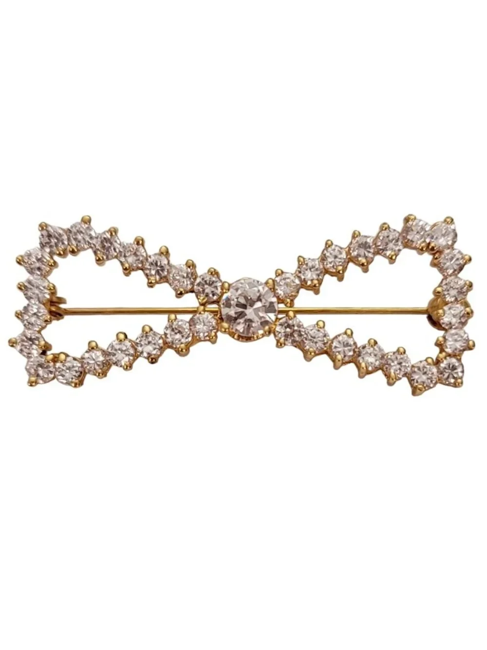 Sterling Silver Gold Vermeil Clear Crystal Rhinestone Bow Brooch Pin E244